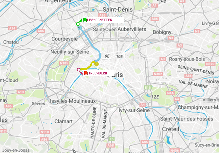 plan itinéraire ratp de Les Agnettes à Trocadéro