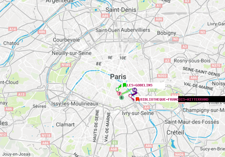 plan itinéraire ratp de Les Gobelins à Bibliotheque-Francois Mitterrand
