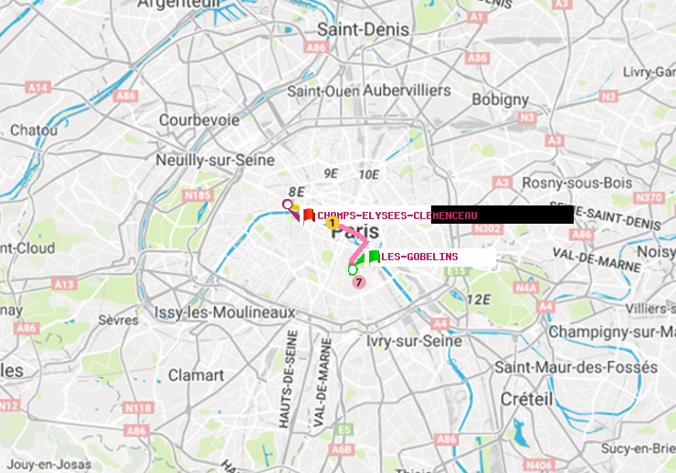 plan itinéraire ratp de Les Gobelins à Champs-Elysées-Clémenceau