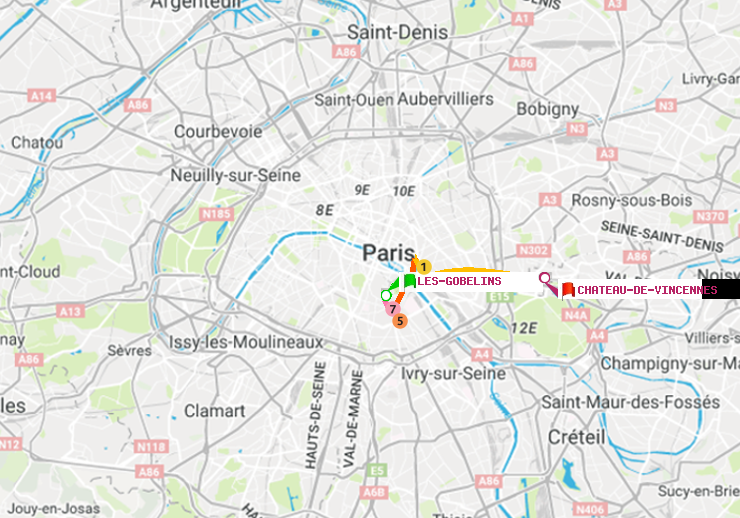 plan itinéraire ratp de Les Gobelins à Château de Vincennes