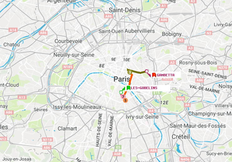 plan itinéraire ratp de Les Gobelins à Gambetta