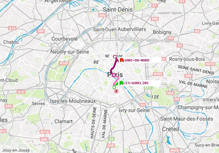 plan itinéraire ratp de Les Gobelins à Gare du Nord