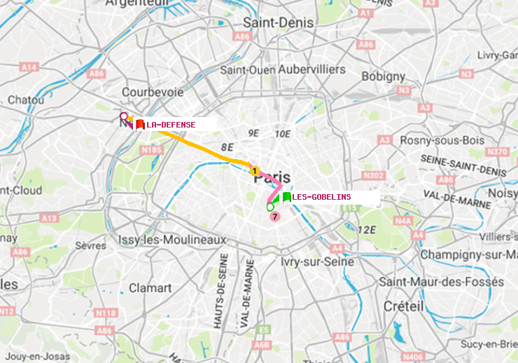 plan itinéraire ratp de Les Gobelins à La Défense (Grande Arche)