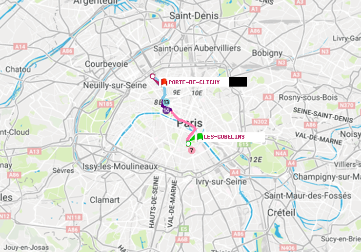 plan itinéraire ratp de Les Gobelins à Porte de Clichy