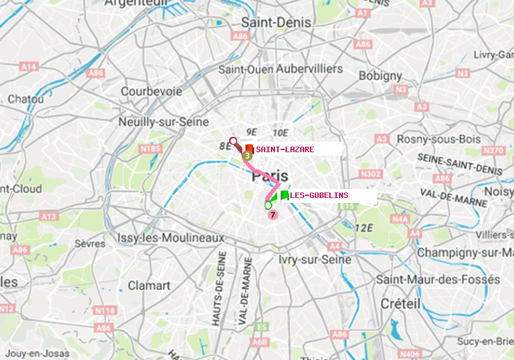 plan itinéraire ratp de Les Gobelins à Saint-Lazare