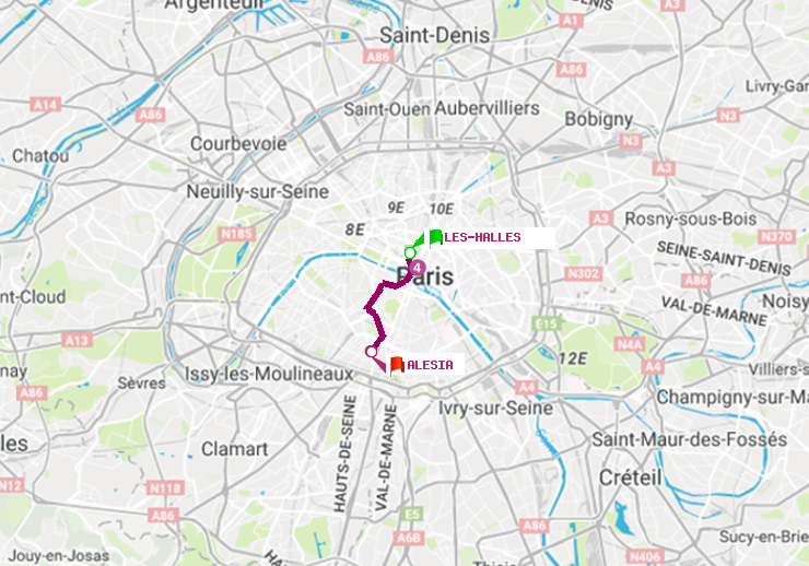 plan itinéraire ratp de Les Halles à Alésia