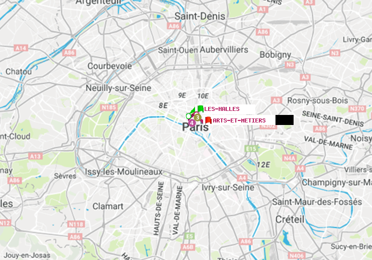 plan itinéraire ratp de Les Halles à Arts-et-Métiers