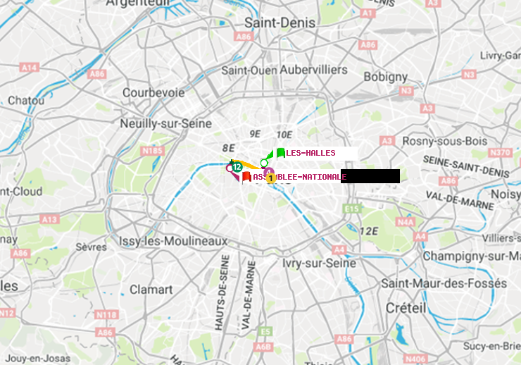 plan itinéraire ratp de Les Halles à Assemblée Nationale