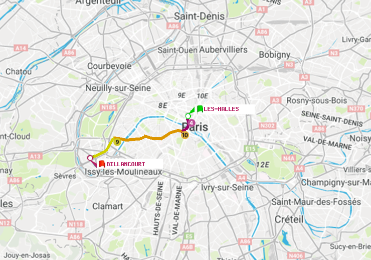 plan itinéraire ratp de Les Halles à Billancourt