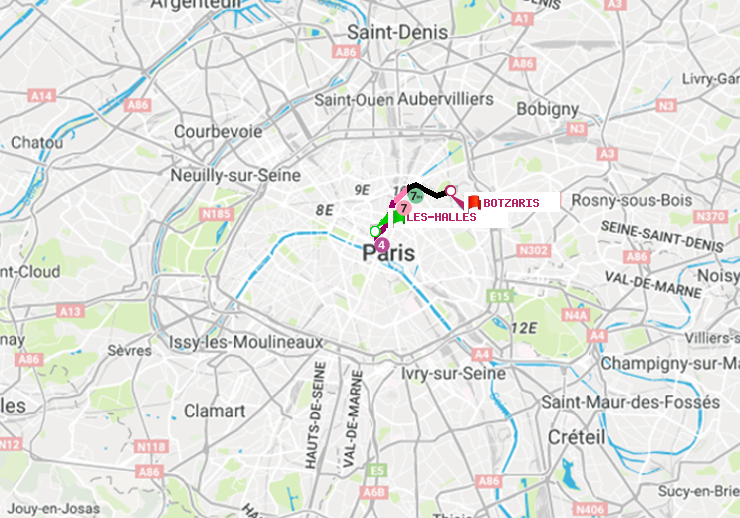 plan itinéraire ratp de Les Halles à Botzaris