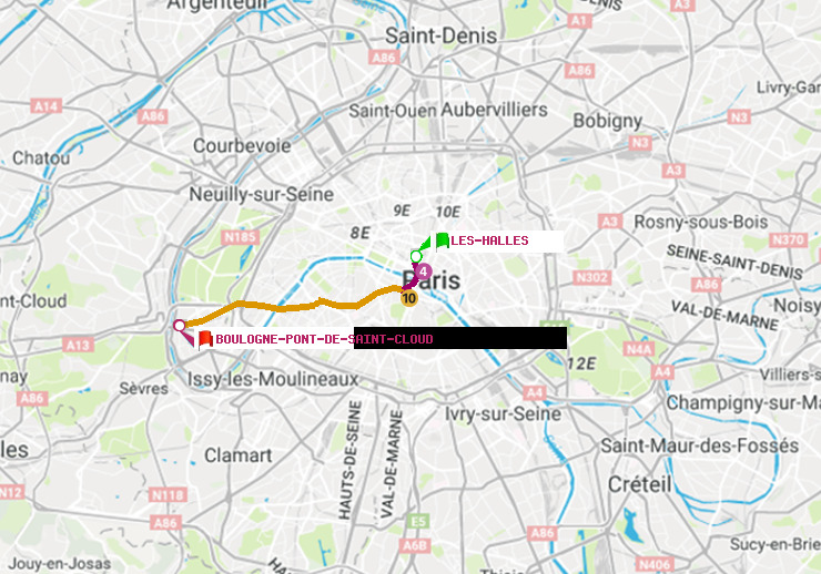plan itinéraire ratp de Les Halles à Boulogne Pont de Saint-Cloud