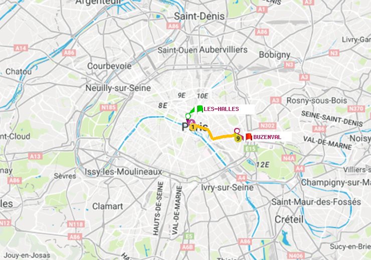plan itinéraire ratp de Les Halles à Buzenval