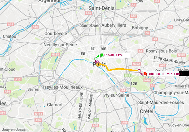 plan itinéraire ratp de Les Halles à Château de Vincennes