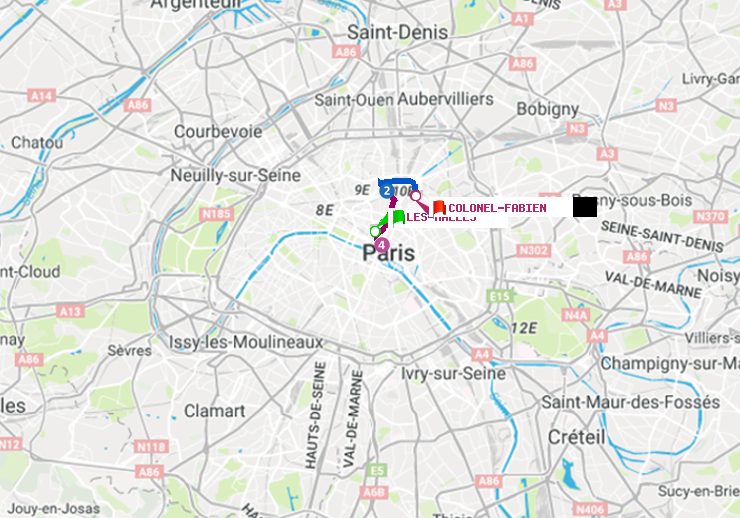 plan itinéraire ratp de Les Halles à Colonel Fabien