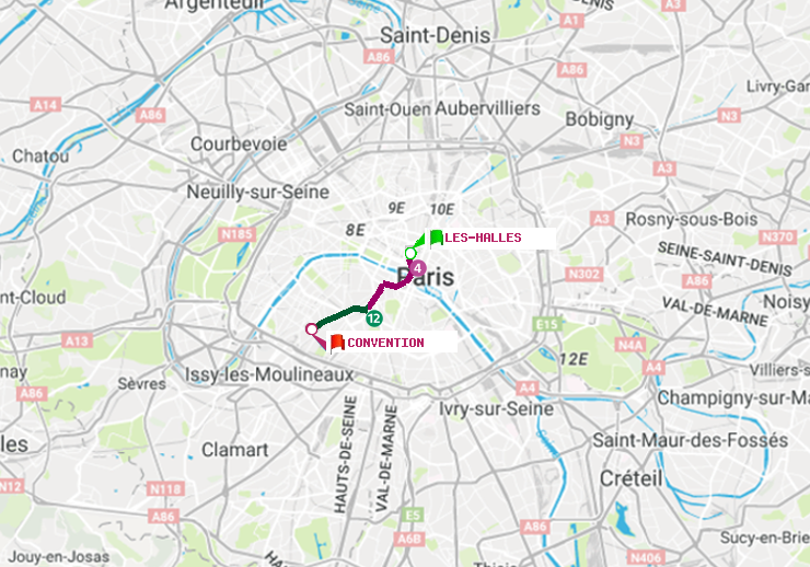 plan itinéraire ratp de Les Halles à Convention
