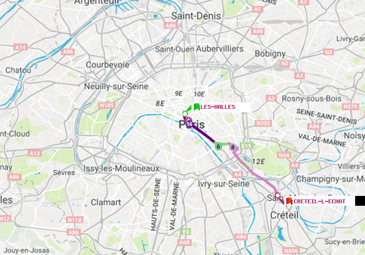 plan itinéraire ratp de Les Halles à Créteil-L