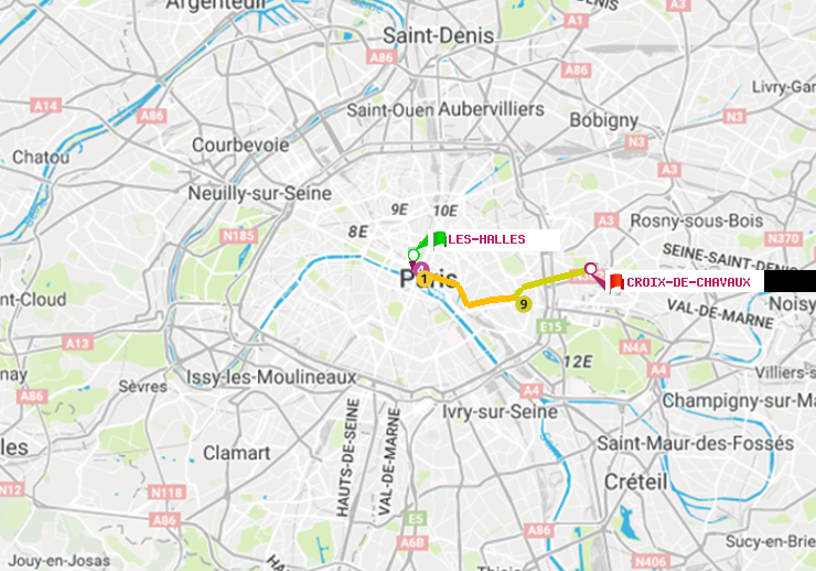 plan itinéraire ratp de Les Halles à Croix-de-Chavaux (Jacques Duclos)
