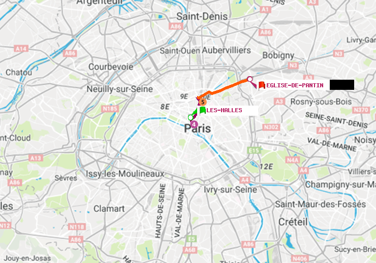 plan itinéraire ratp de Les Halles à Eglise de Pantin