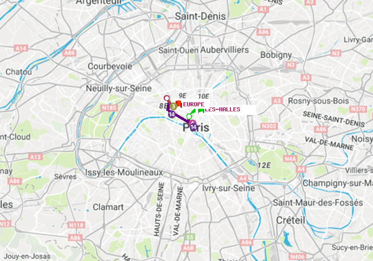 plan itinéraire ratp de Les Halles à Europe