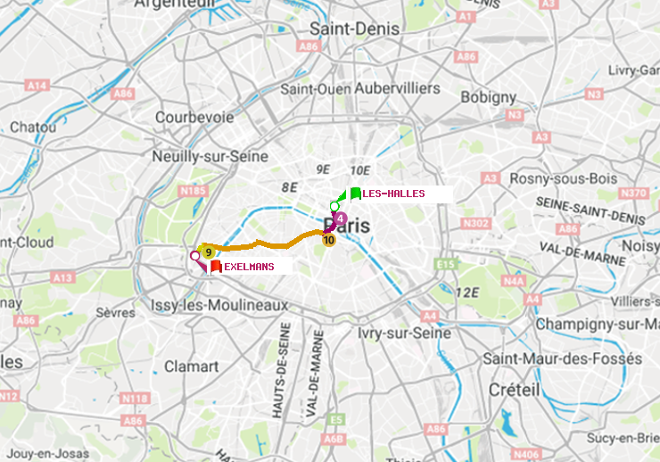 plan itinéraire ratp de Les Halles à Exelmans