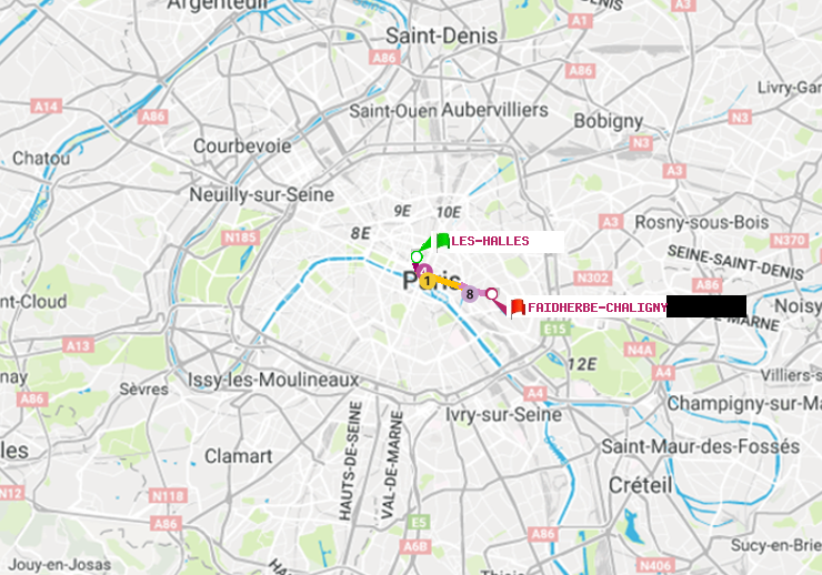 plan itinéraire ratp de Les Halles à Faidherbe-Chaligny