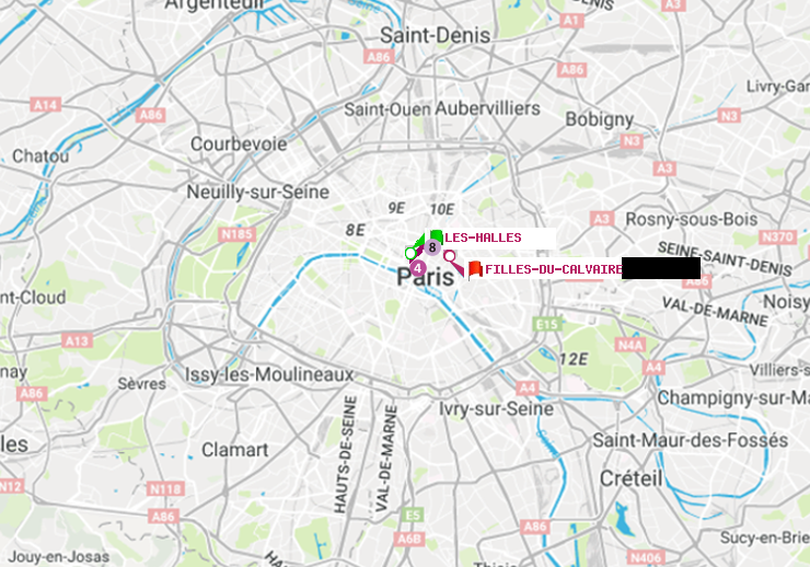 plan itinéraire ratp de Les Halles à Filles du Calvaire