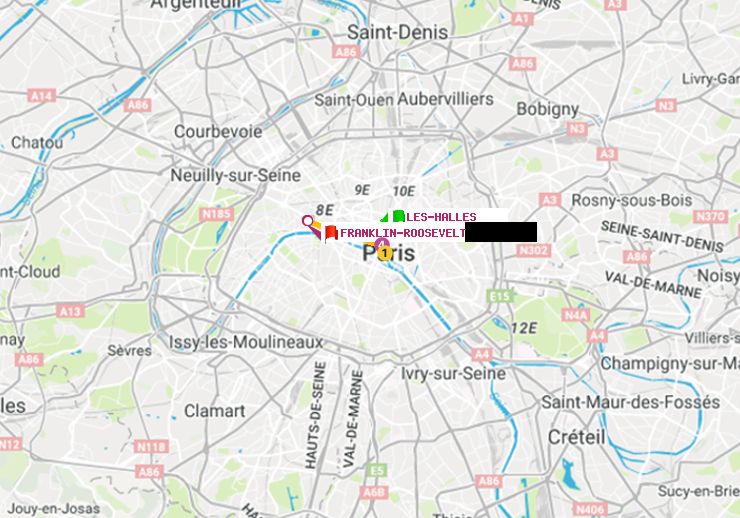 plan itinéraire ratp de Les Halles à Franklin-Roosevelt