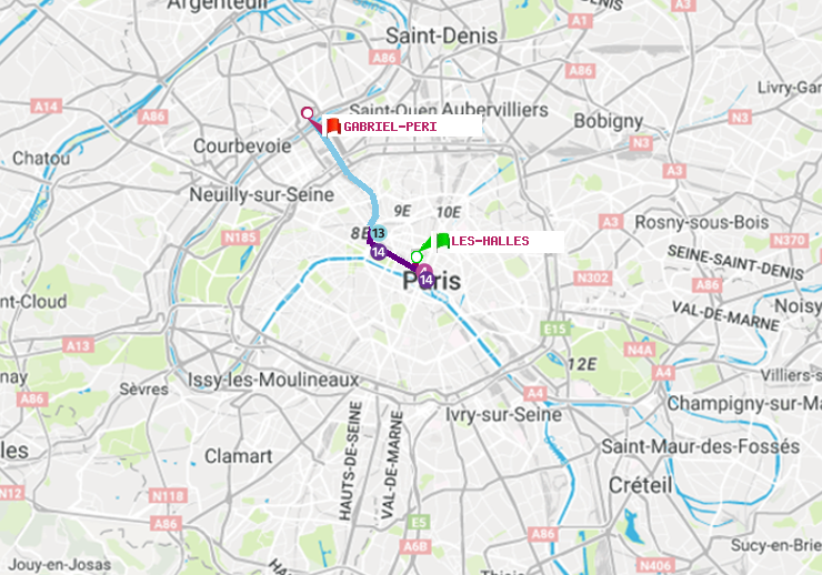 plan itinéraire ratp de Les Halles à Gabriel-Péri
