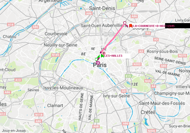plan itinéraire ratp de Les Halles à La Courneuve-8-Mai-1945