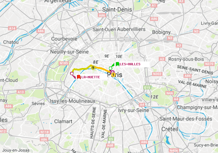 plan itinéraire ratp de Les Halles à La Muette