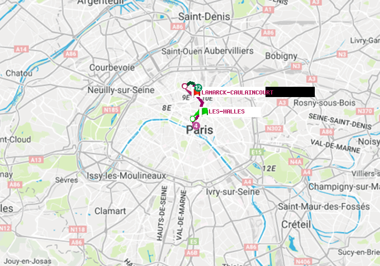 plan itinéraire ratp de Les Halles à Lamarck-Caulaincourt