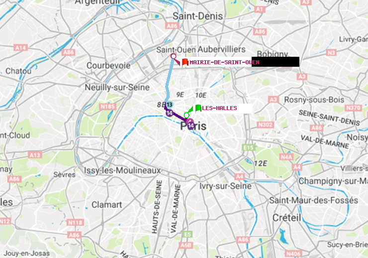 plan itinéraire ratp de Les Halles à Mairie de Saint-Ouen