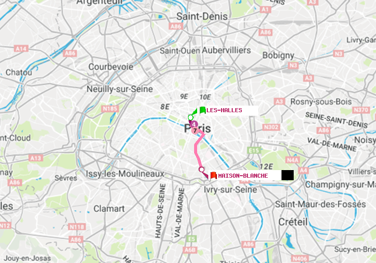 plan itinéraire ratp de Les Halles à Maison Blanche