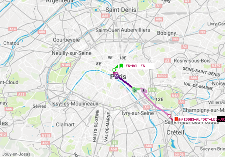 plan itinéraire ratp de Les Halles à Maisons-Alfort-Les Juilliottes