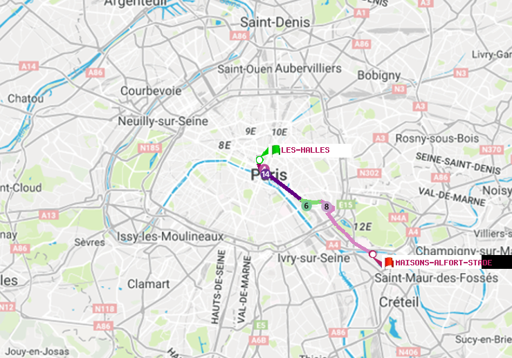 plan itinéraire ratp de Les Halles à Maisons-Alfort-Stade