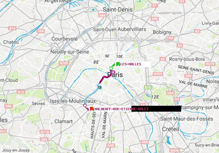 plan itinéraire ratp de Les Halles à Malakoff-Rue Etienne Dolet