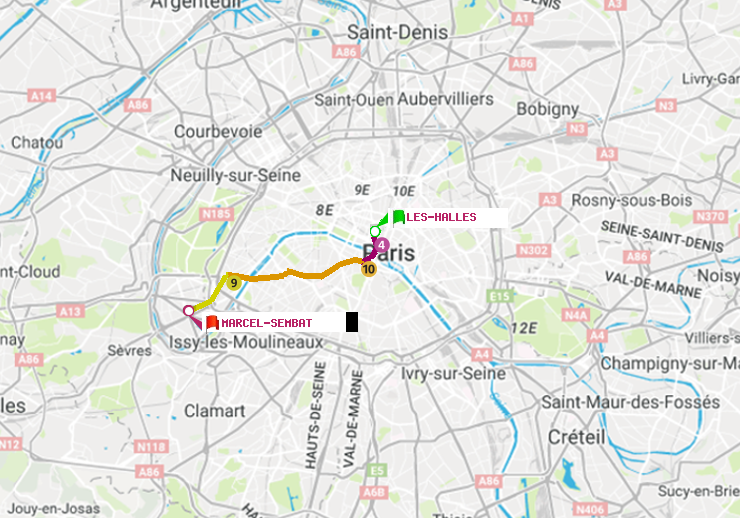 plan itinéraire ratp de Les Halles à Marcel Sembat