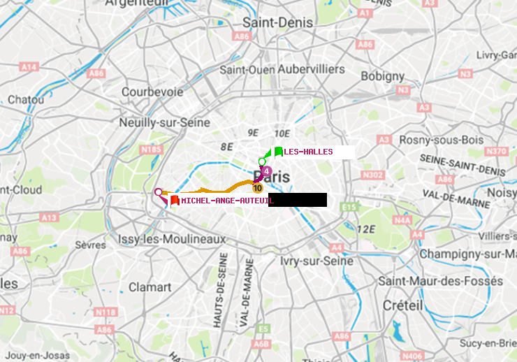 plan itinéraire ratp de Les Halles à Michel-Ange-Auteuil