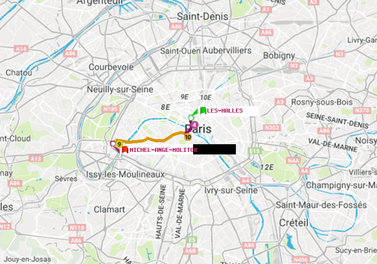 plan itinéraire ratp de Les Halles à Michel-Ange-Molitor