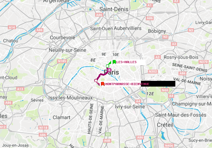 plan itinéraire ratp de Les Halles à Montparnasse-Bienvenue