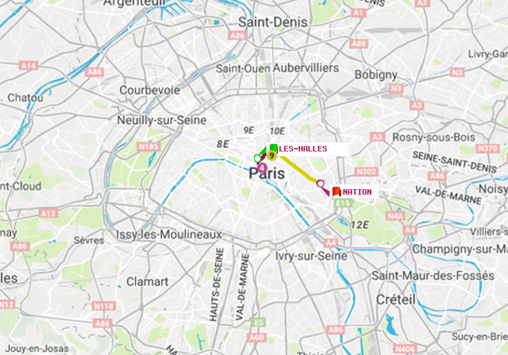 plan itinéraire ratp de Les Halles à Nation