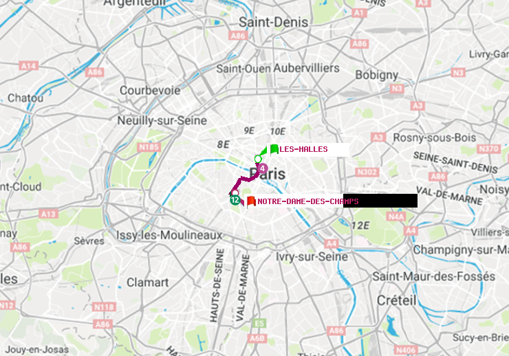 plan itinéraire ratp de Les Halles à Notre-Dame des Champs