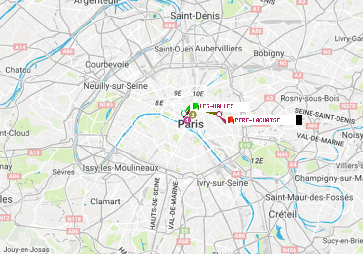 plan itinéraire ratp de Les Halles à Père-Lachaise