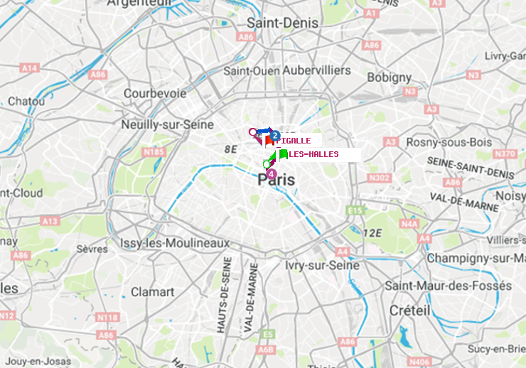 plan itinéraire ratp de Les Halles à Pigalle