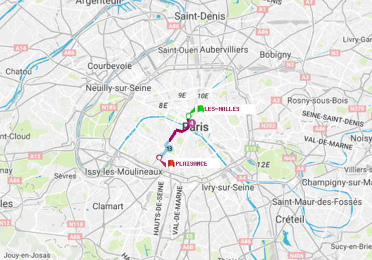 plan itinéraire ratp de Les Halles à Plaisance