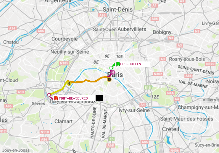plan itinéraire ratp de Les Halles à Pont de Sèvres