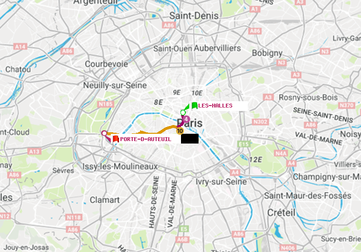plan itinéraire ratp de Les Halles à Porte d