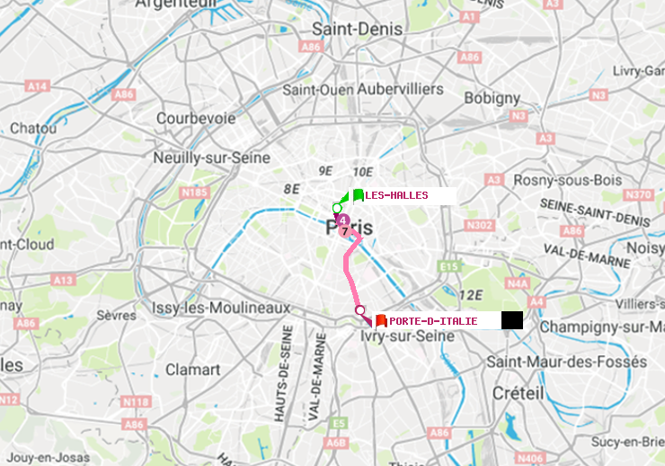 plan itinéraire ratp de Les Halles à Porte d