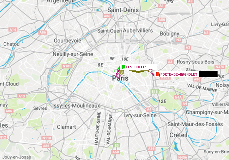 plan itinéraire ratp de Les Halles à Porte de Bagnolet