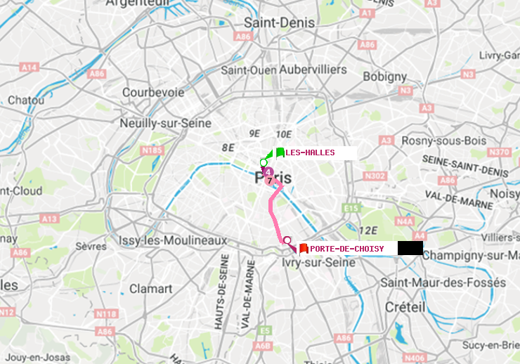 plan itinéraire ratp de Les Halles à Porte de Choisy